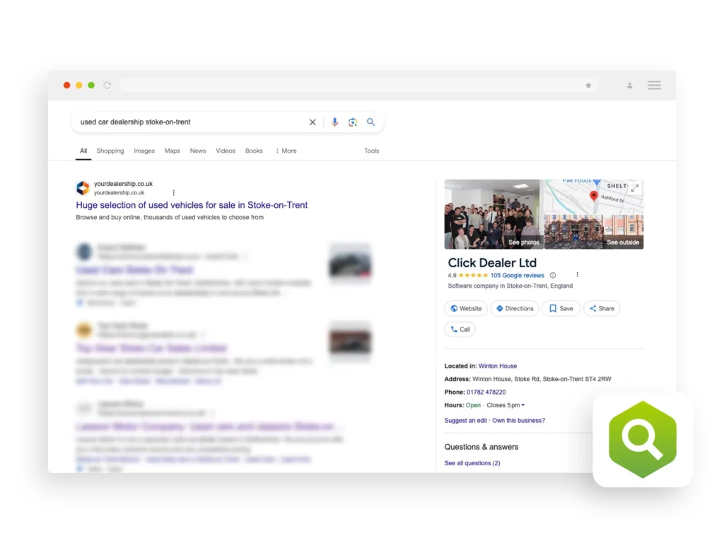 Screengrab of your dealership listed top of Google