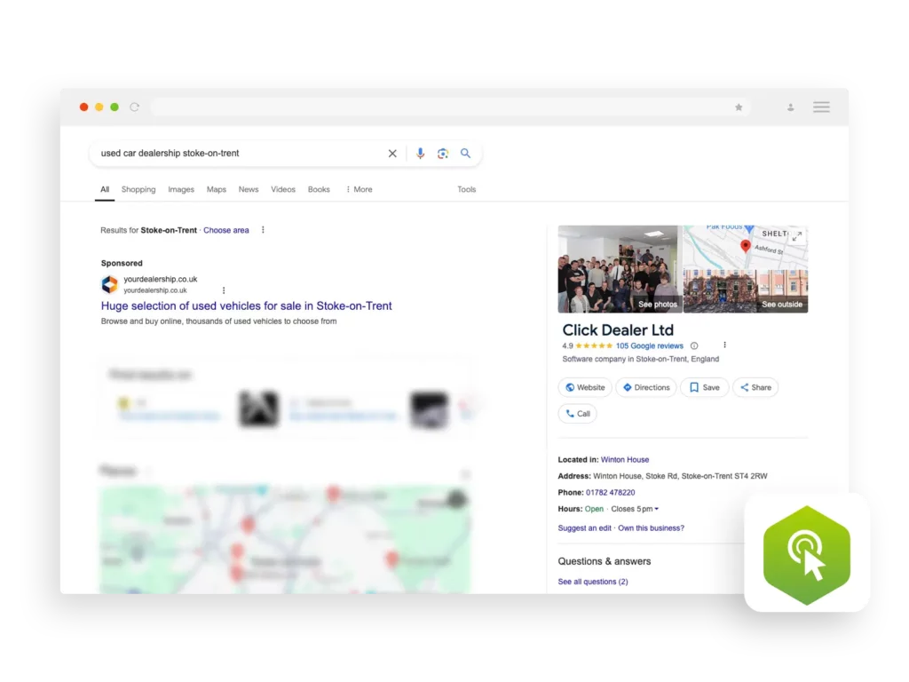 An automotive ppc sponsored advert at the top of google