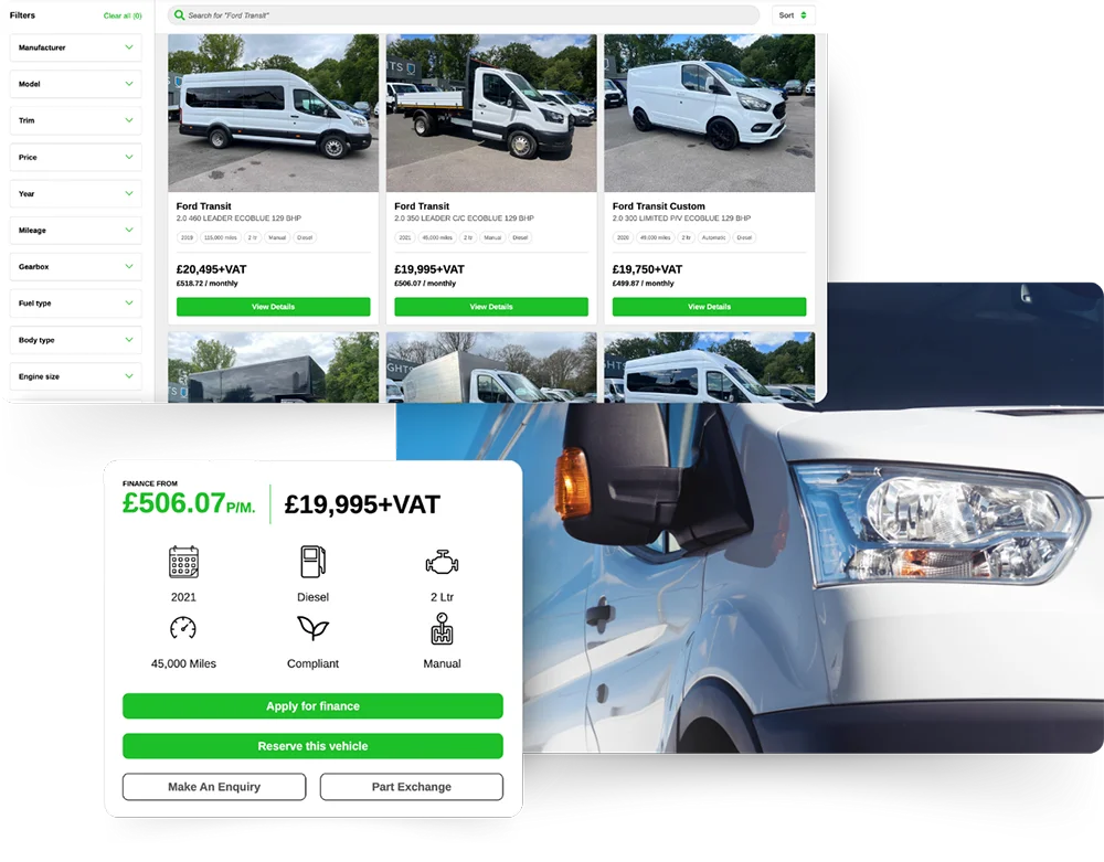 Commercial vehicles advertised on a bespoke website design
