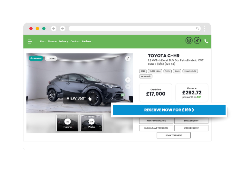 Automotive website showing Click Dealer's car sales software Click Engage