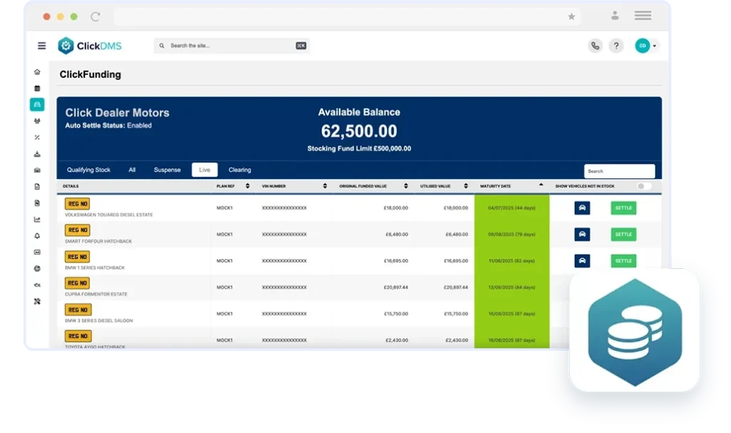 screen grab of click dealer stock funding integration