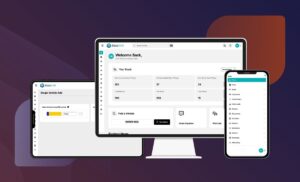 A tablet, a laptop and a mobile device showing different screens of ClickDMS