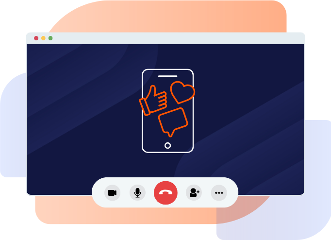 webinar screen with an icon of a mobile highlighting other brand awareness icons - thumbs up, heart and a speech bubble